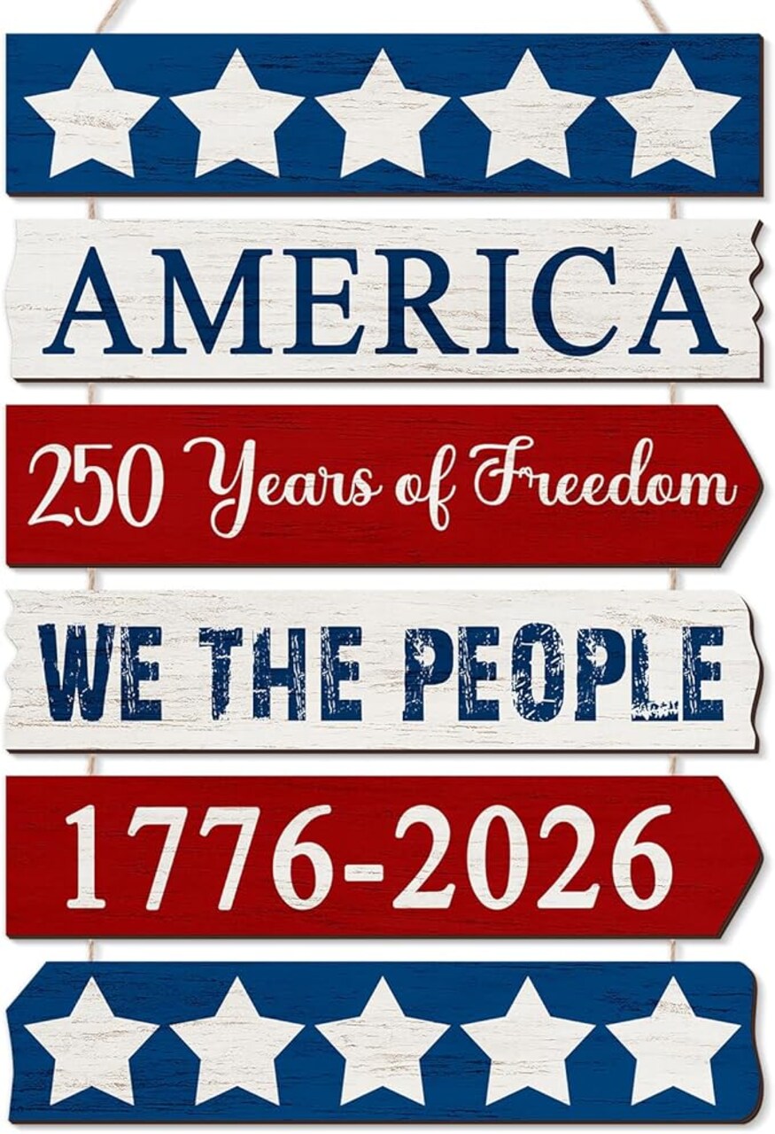 250th Anniversary America Door Sign - 1776-2026 Commemorative 4th of July Wood Hanging Decor - Large Rustic Red, White, and Blue Patriotic Wreath for Front Door, Porch, and Home